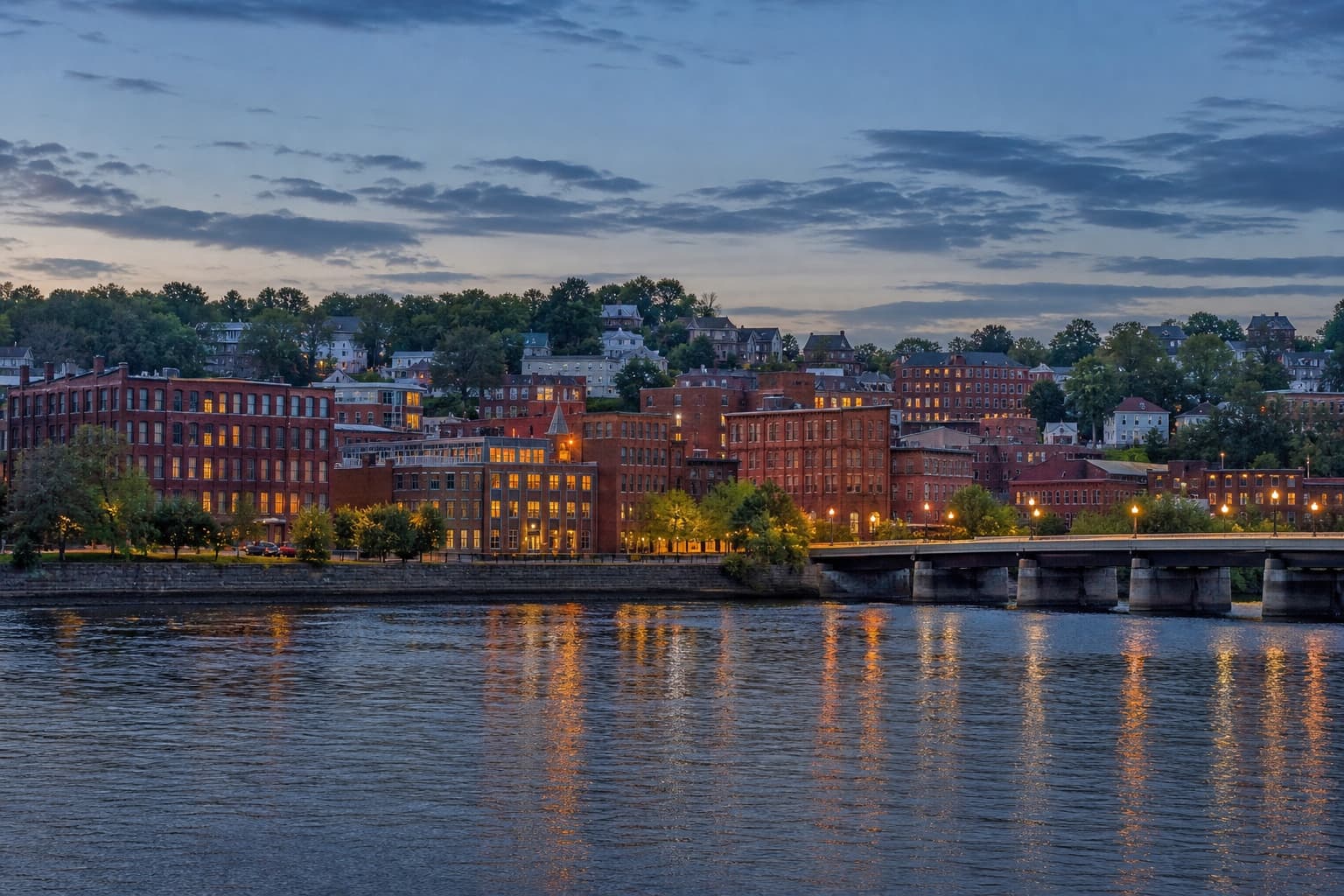 Conceptual view of downtown Haverhill and historic brick buildings along the Merrimack River