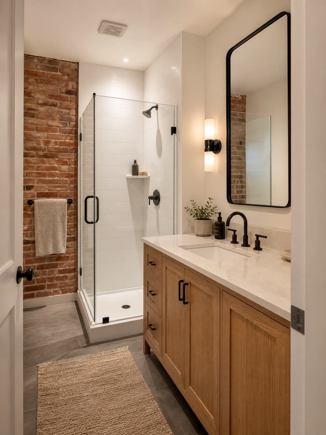 Loft bathroom with an oak vanity, glass shower, and exposed brick