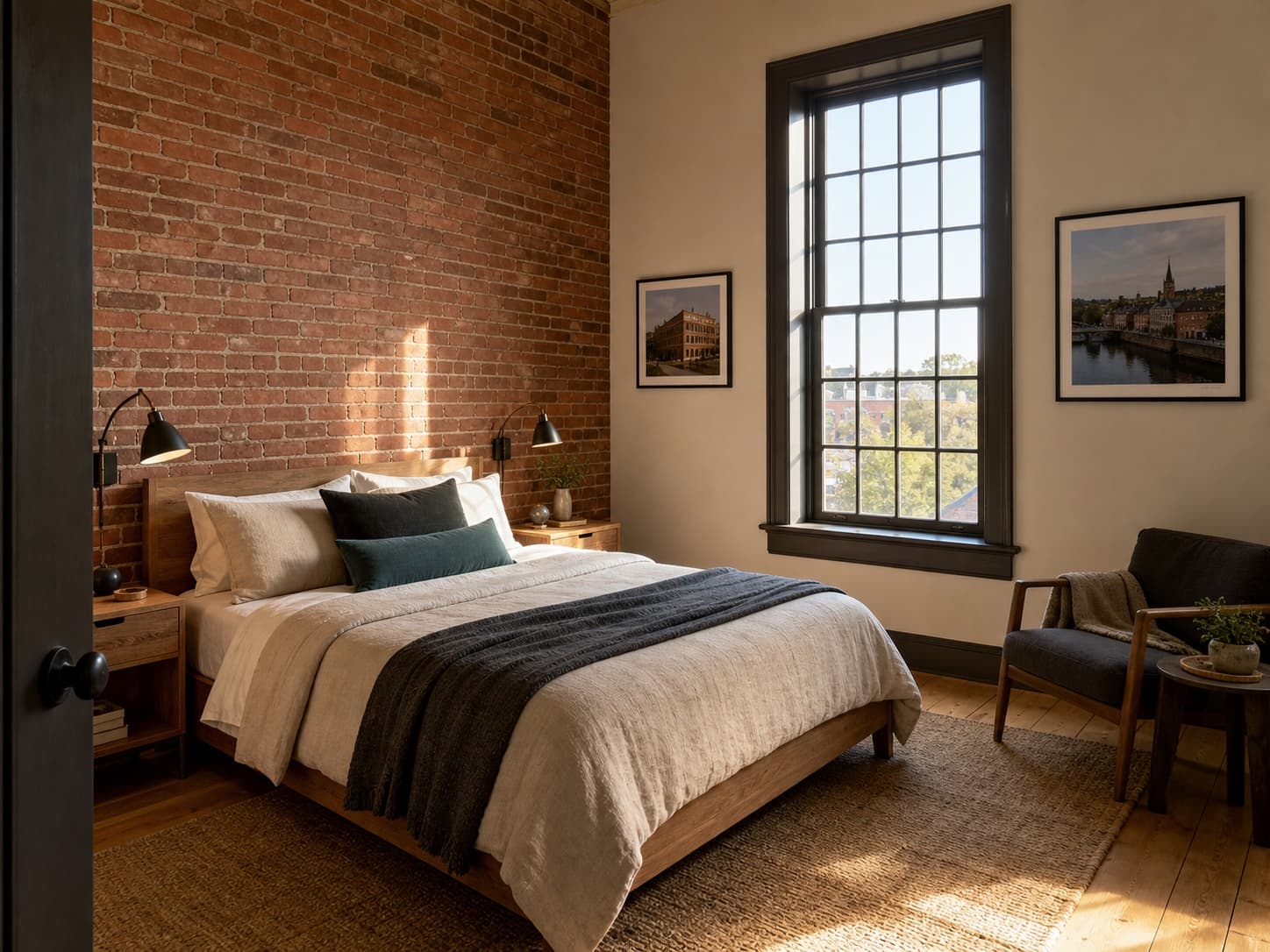 Bedroom with exposed brick accent wall