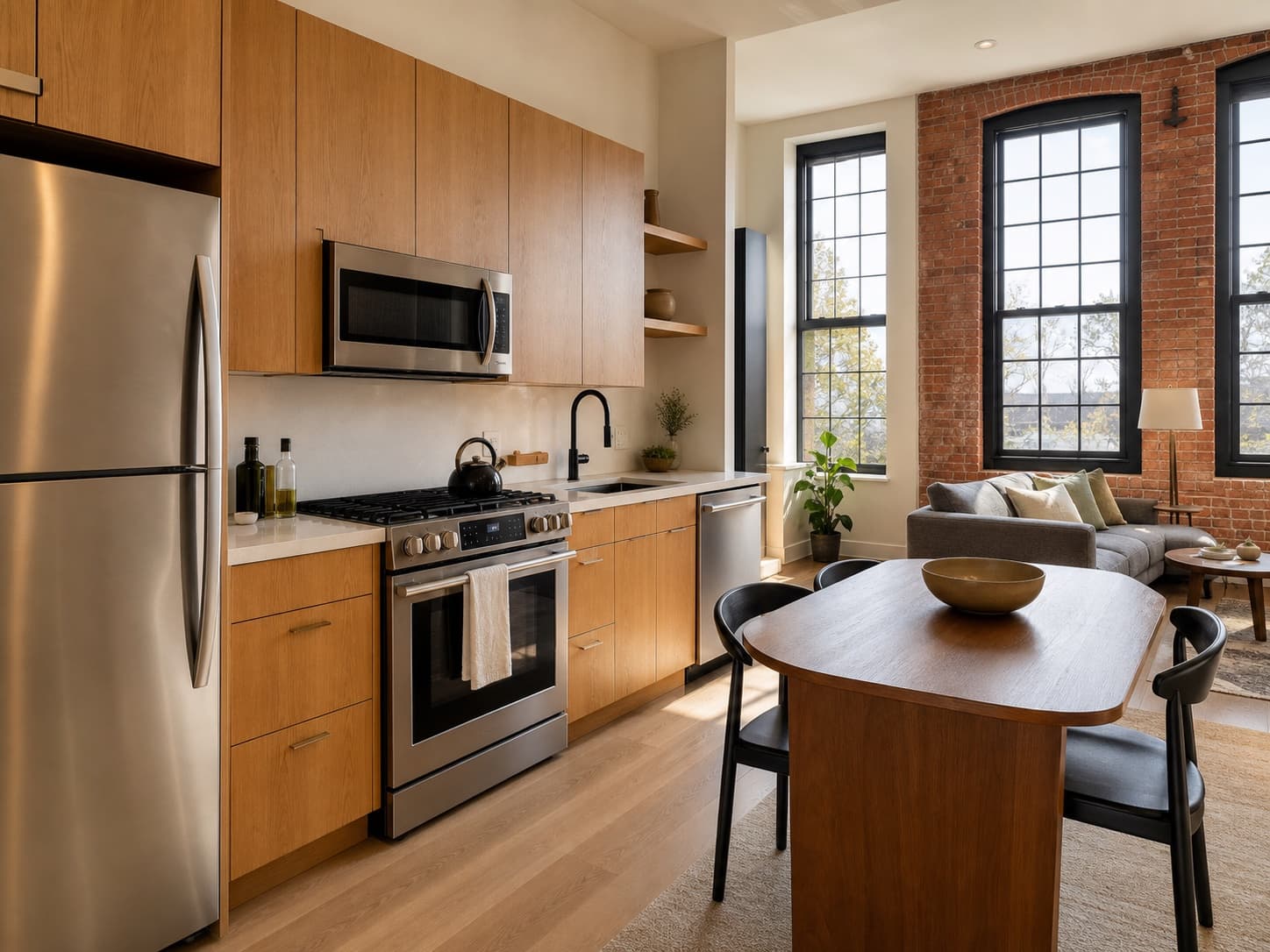 Warm wood kitchen with stainless steel appliances and quartz countertops