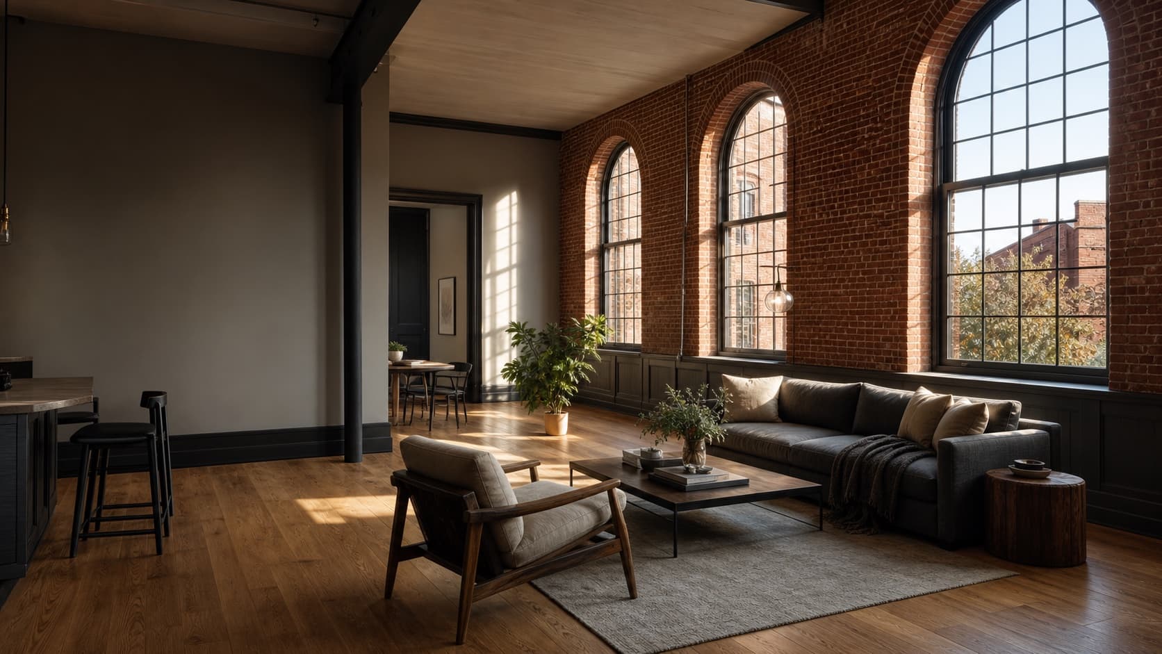 Conceptual Saint Joseph loft living room with exposed brick and arched windows