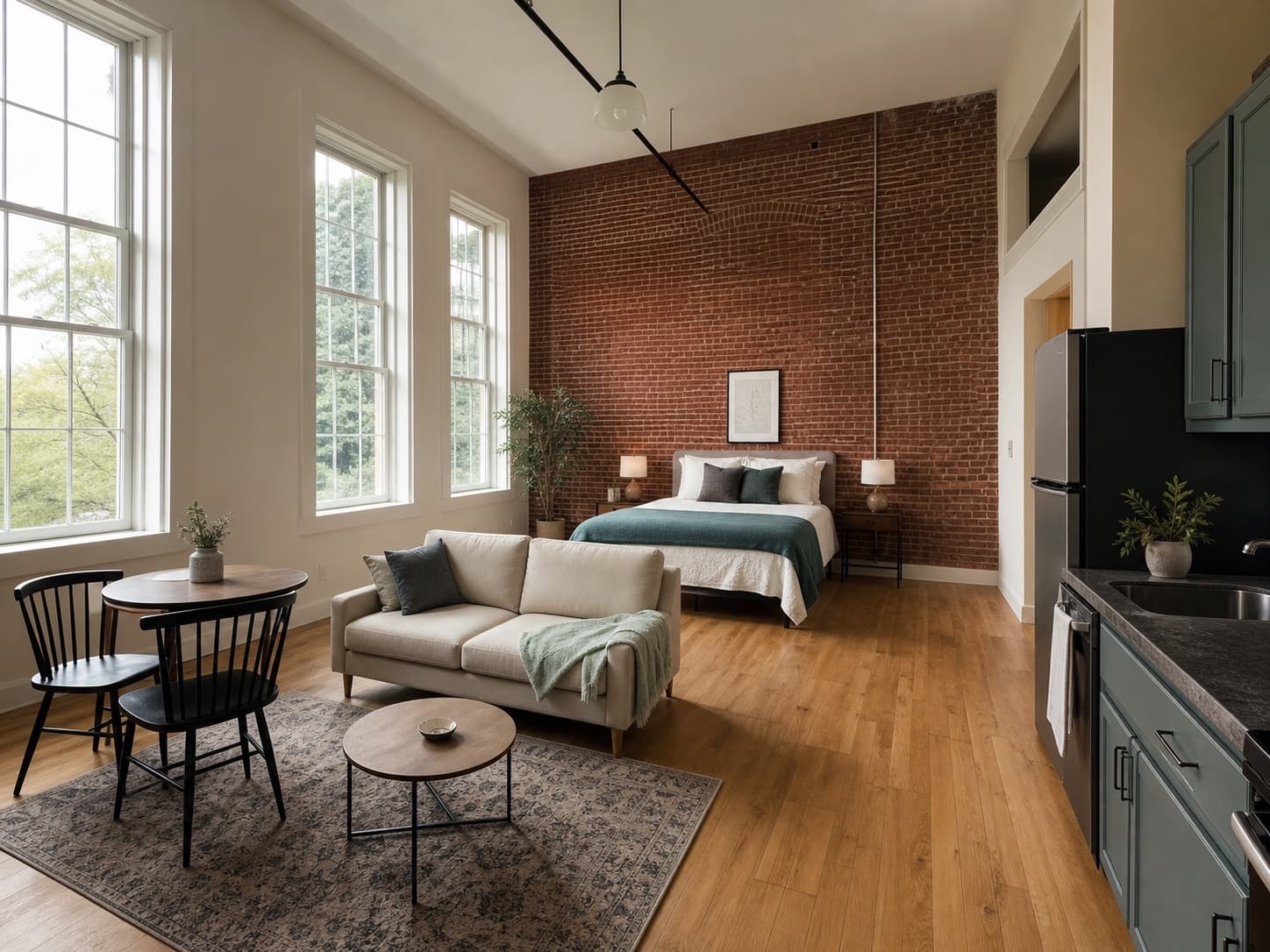 Open studio loft with sleeping, living, dining, and kitchen zones