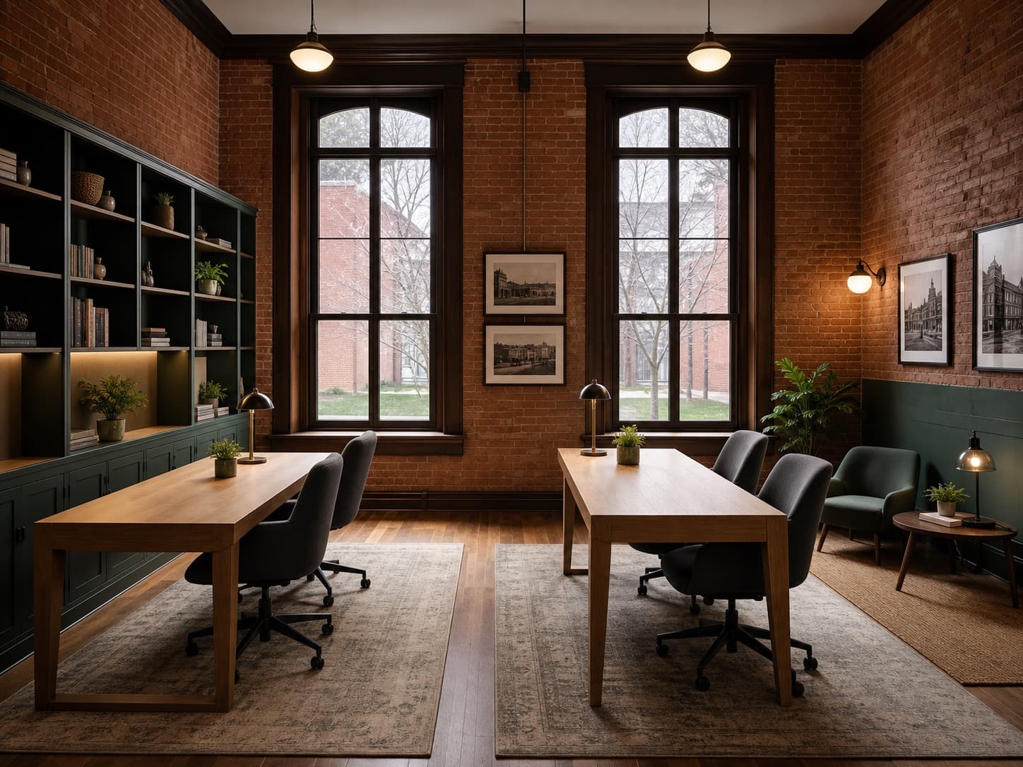 Resident coworking lounge with exposed brick and tall historic windows